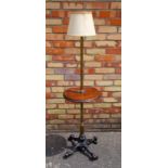 VICTORIAN BRASS AND IRON LAMP STANDARD WITH A CIRCULAR MAHOGANY TIER, ON FOUR CLAW FEET AND