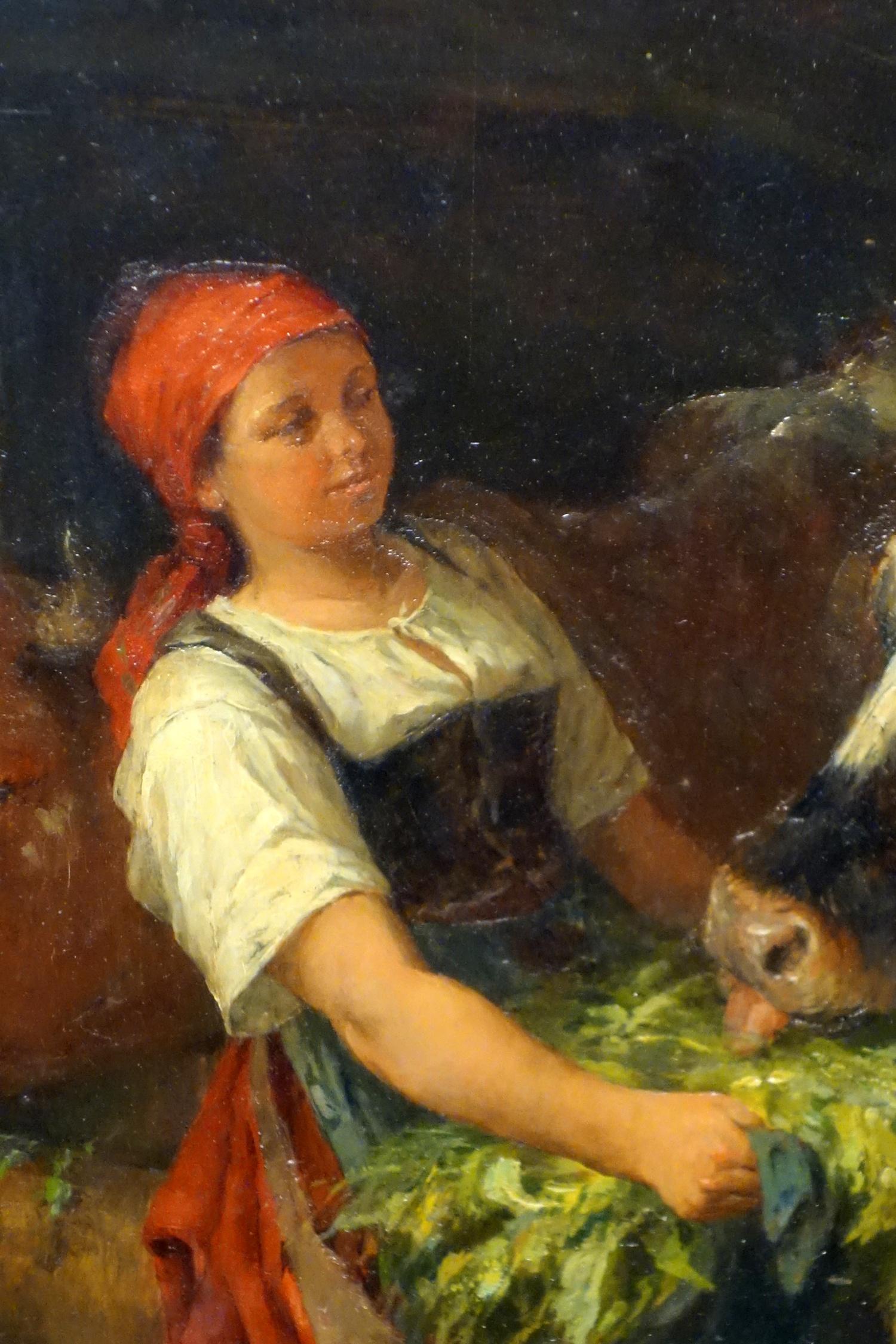KARL STUHLMÜLLER (1859-1930), INTERIOR - YOUNG WOMAN FEEDING CATTLE, OIL ON BOARD, SIGNED AND - Image 2 of 8