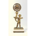 FRENCH GILT BRONZE ALARM CLOCK WITH A CHERUB HOLDING A CORNUCOPIA SUPPORTING A CIRCULAR DIAL