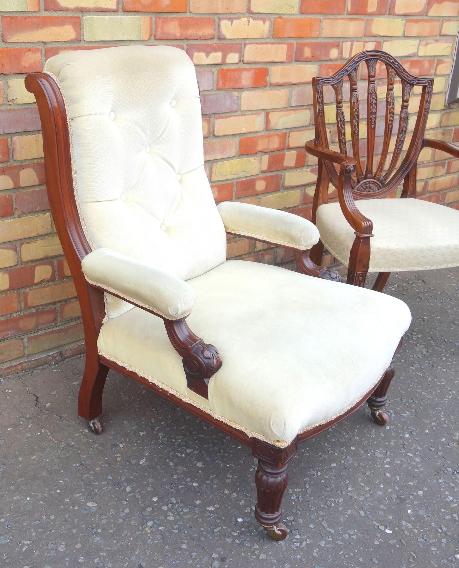 HEPPLEWHITE STYLE CARVED MAHOGANY OPEN ARMCHAIR WITH A BELLFLOWER SPLAT ARCHED SHIELD BACK AND - Image 2 of 5