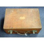 PRE-WAR HEAVY LEATHER SUITCASE INITIALLED 'MR' WITH TWO DOUBLE LEVER LOCKS,(H. 21 CM, W. 60 CM, D.