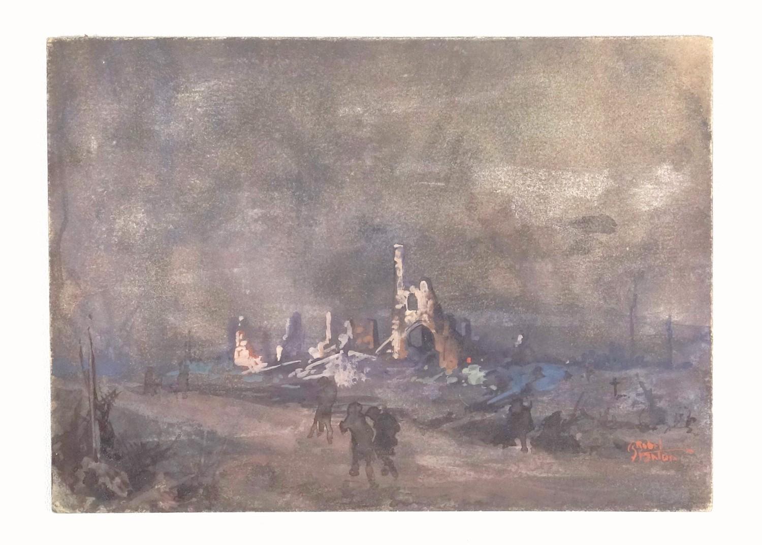 CHARLES REBEL STANTON (1890-1954), WW1, FRANCE-FIGURES AND CHURCH RUINS, SIGNED LOWER RIGHT AND