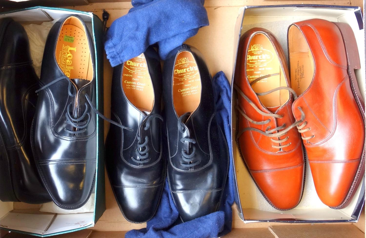 THREE PAIRS OF GENTLEMAN'S SHOES COMPRISING CHURCH'S BALMORAL BLACK BROGUES, SIZE 8; CHURCH'S ARGYLL