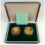 PAIR OF REPLICA GOLD PLATED SILVER VICTORIA 'UNA AND THE LION', £5 PIECES, 1839, 42 MM, 31.1