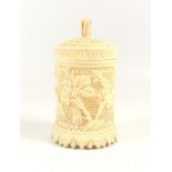 19TH CENTURY ORIENTAL CYLINDRICAL IVORY CRICKET CAGE CARVED WITH FLOWERS ON A FINE PIERCED LOZENGE