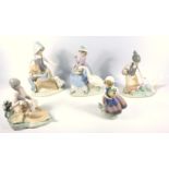 LLADRO FIGURES COMPRISING GIRL HOLDING BASKET OF EGGS; GIRL HOLDING A POT OF FLOWERS; GIRL WITH