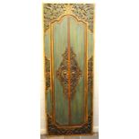 PAINTED AND 'CARVED COMPOUND WOOD' RECTANGULAR PANEL 'DOOR', HANGING DECORATION (153 CM X 56 CM)