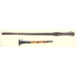 WW II BURMESE BAMBOO AND METAL WOODWIND INSTRUMENT WITH TEN HOLES AND TRUMPET STYLE END, BY