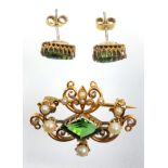 VICTORIAN GOLD BROOCH WITH SCROLL DECORATION SET LOZENGE TOURMALINE AND SEED PEARLS, ADAPTED FROM