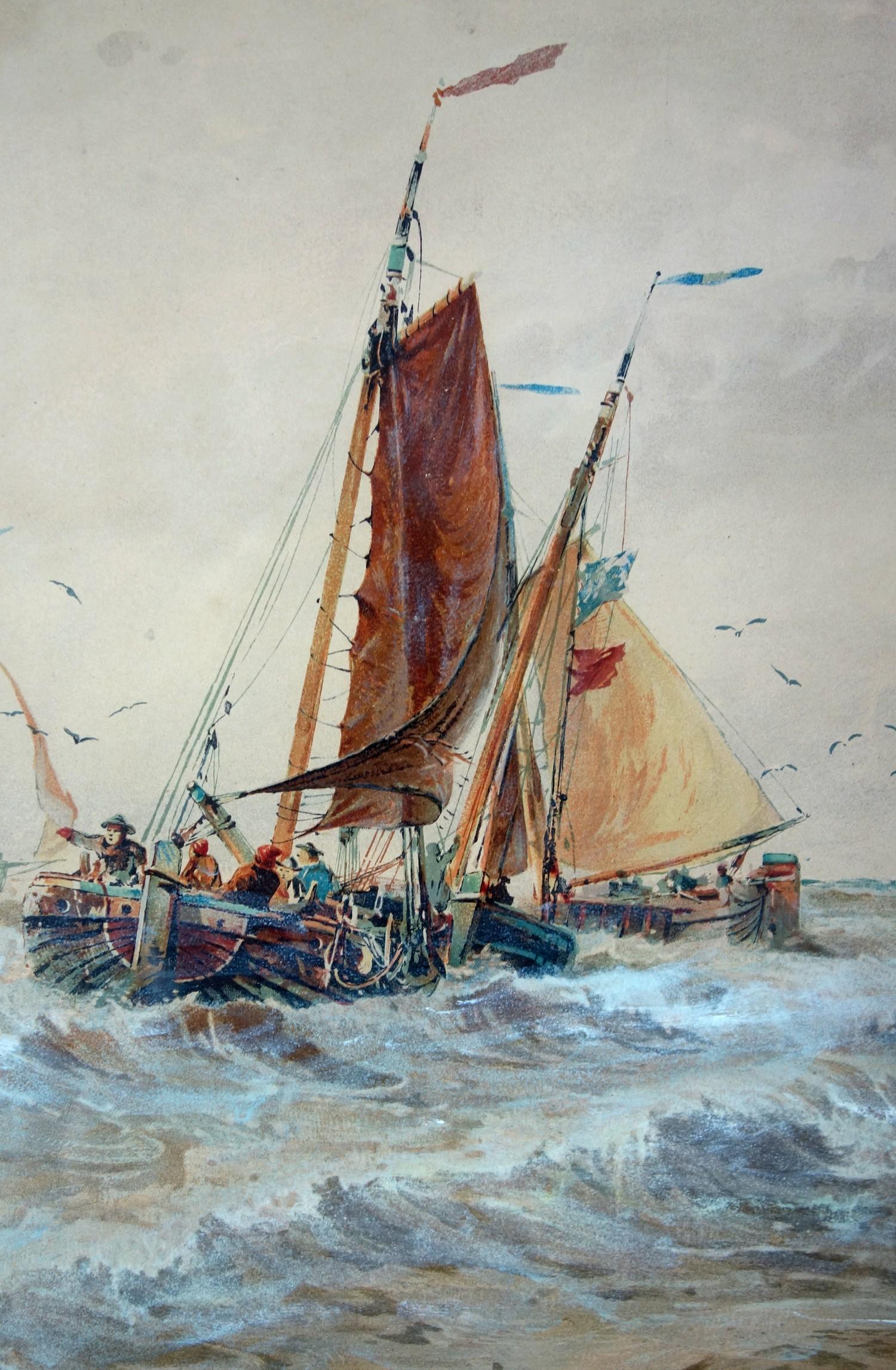 AFTER T. B. HARDY, FISHING SMACKS IN A CHOPPY SEA, WATERCOLOUR, 33 X 50.7 CM - Image 3 of 3