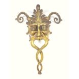 VICTORIAN HEAVY BRASS HORNED MASK, WALL MOUNT, 42.5 X 30.7 CM