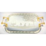 ITALIAN MURANO OBLONG MIRRORED GLASS TRAY WITH TWO FIGURES IN A GARDEN, GOLD FLECK SPIRAL TWIST