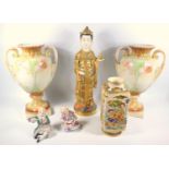 A PAIR OF 20TH CENTURY JAPANESE BLUSH IVORY PORCELAIN VASES BY AICHI (H.32 CM), A PROFUSELY GILDED