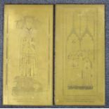 FOUR 'HISTORICAL ENGLISH BRASSES' DIPICTING MEDIEVAL FIGURES (50.5 CM X 24.8 CM) AND A SMALLER PANEL