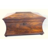 WILLIAM IV ROSEWOOD SARCOPHAGUS SHAPED TEA CHEST WITH WAISTED SIDES, THE HINGED TOP DISCLOSING TWO