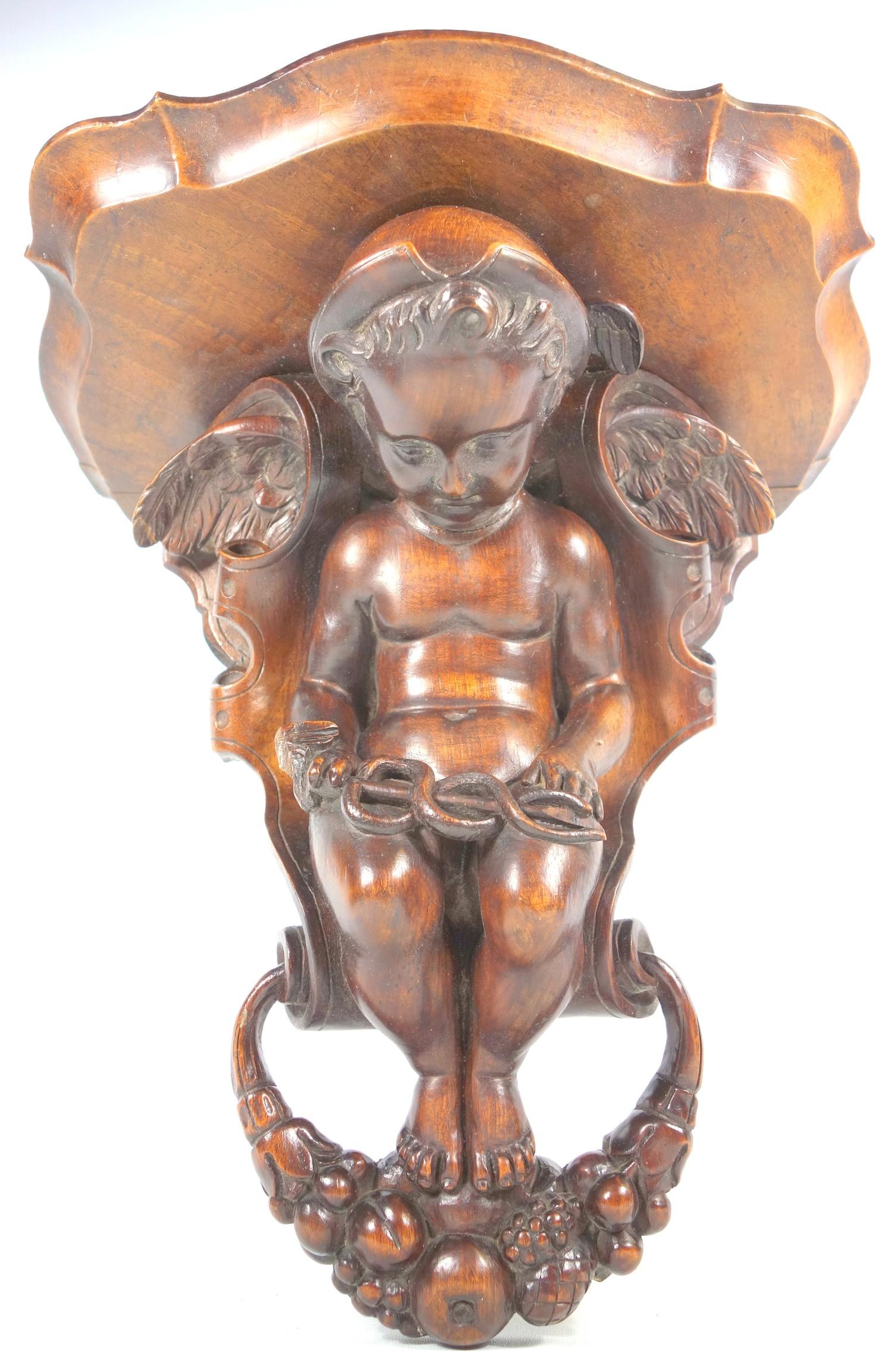 19TH CENTURY ITALIAN CARVED WALNUT WALL BRACKET WITH A FIGURE OF MERCURY SEATED AND HOLDING A - Image 2 of 9