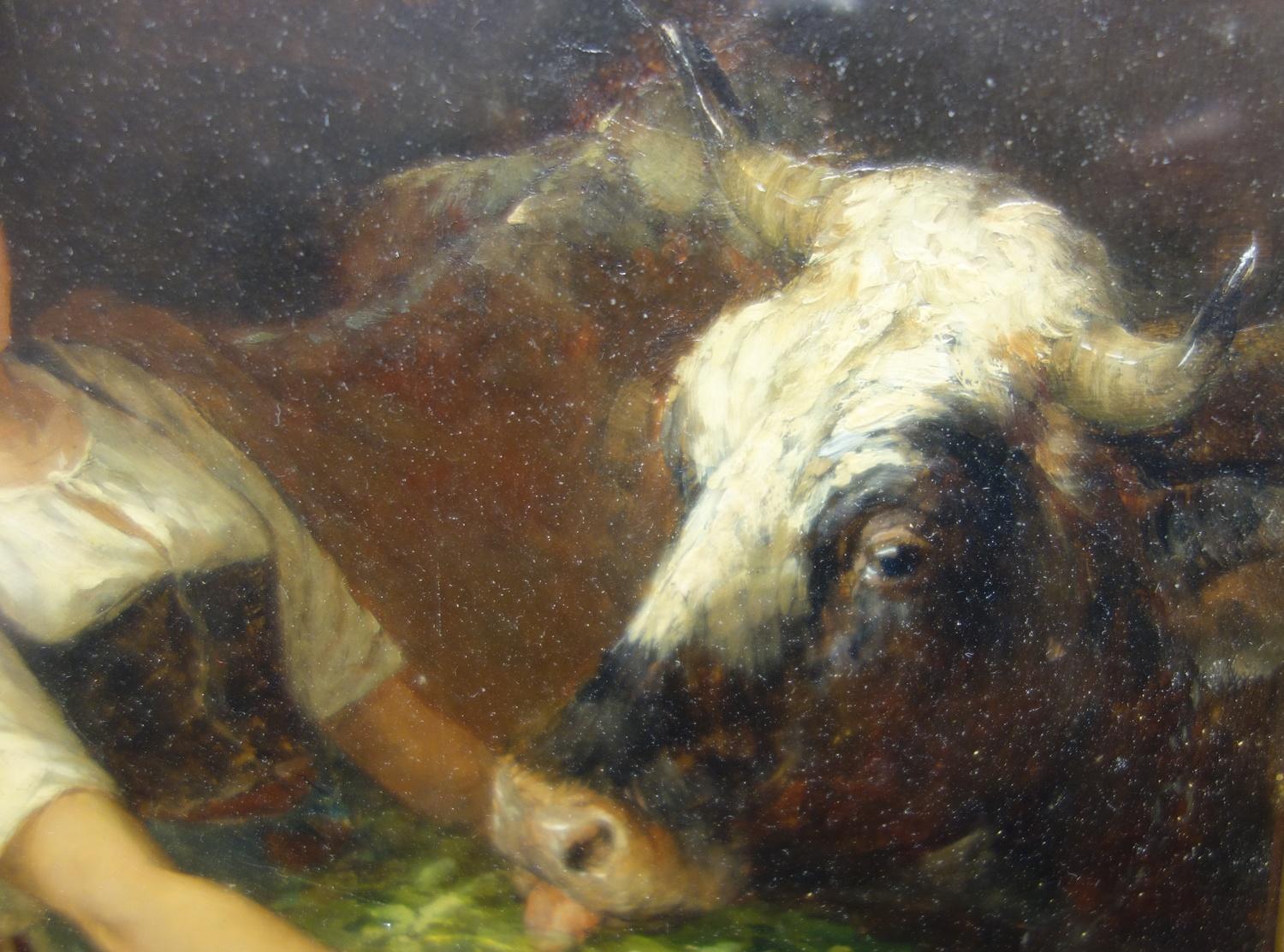 KARL STUHLMÜLLER (1859-1930), INTERIOR - YOUNG WOMAN FEEDING CATTLE, OIL ON BOARD, SIGNED AND - Image 5 of 8