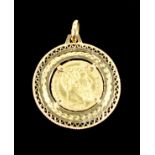 YELLOW METAL PENDANT SET WITH A BELGIAN LEOPOLD II 20 FRANCS, 1877, THE SUSPENSION LOOP STAMPED 750,