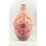 ZSOLNAY PECS ART POTTERY OVOID JUG WITH PINK AND GILT SCROLLING FLORAL DECORATION IN RELIEF, ON A