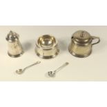 SILVER THREE PIECE CRUET OF TAPERING CYLINDRICAL FORM, COMPRISING A PEPPER POT, MUSTARD POT WITH