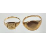 9 CT GOLD SIGNET RING (CUT), AND A SMALLER SIGNET RING, BIRMINGHAM 1929, 5.9 GRAMS (2)