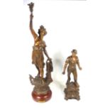 BRONZED SPELTER FIGURE 'LA VAPEUR' ON A CIRCULAR WOOD PLINTH (H. 64 CM) AND A FIGURE OF A MAN (H.