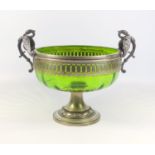 WMF STYLE LIME GREEN GLASS PANELLED CIRCULAR BOWL WITH A PLATED RIM MOUNTED WITH TWO PEWTER STYLISED