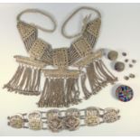 NEAR EASTERN SILVER PLATED BELT WITH BEAD AND CHEVRON TASSLE PENDANTS (W. 38.5 CM OF METAL BAND),