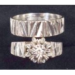 18 CT WHITE GOLD RING WITH CARVED DECORATION, BY B & H, LONDON 1972, AND A RING WITH ILLUSION SET