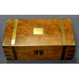 VICTORIAN WALNUT PORTABLE WRITING DESK WITH INSET BRASS BANDS AND CORNERS, A PARTLY FITTED INTERIOR,