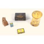 CARVED MOUSE ON PLINTH IN THE STYLE OF ROBERT MOUSEMAN (H. 7.5 CM), CLOISONNE PIN BOX (H. 3.5 CM),
