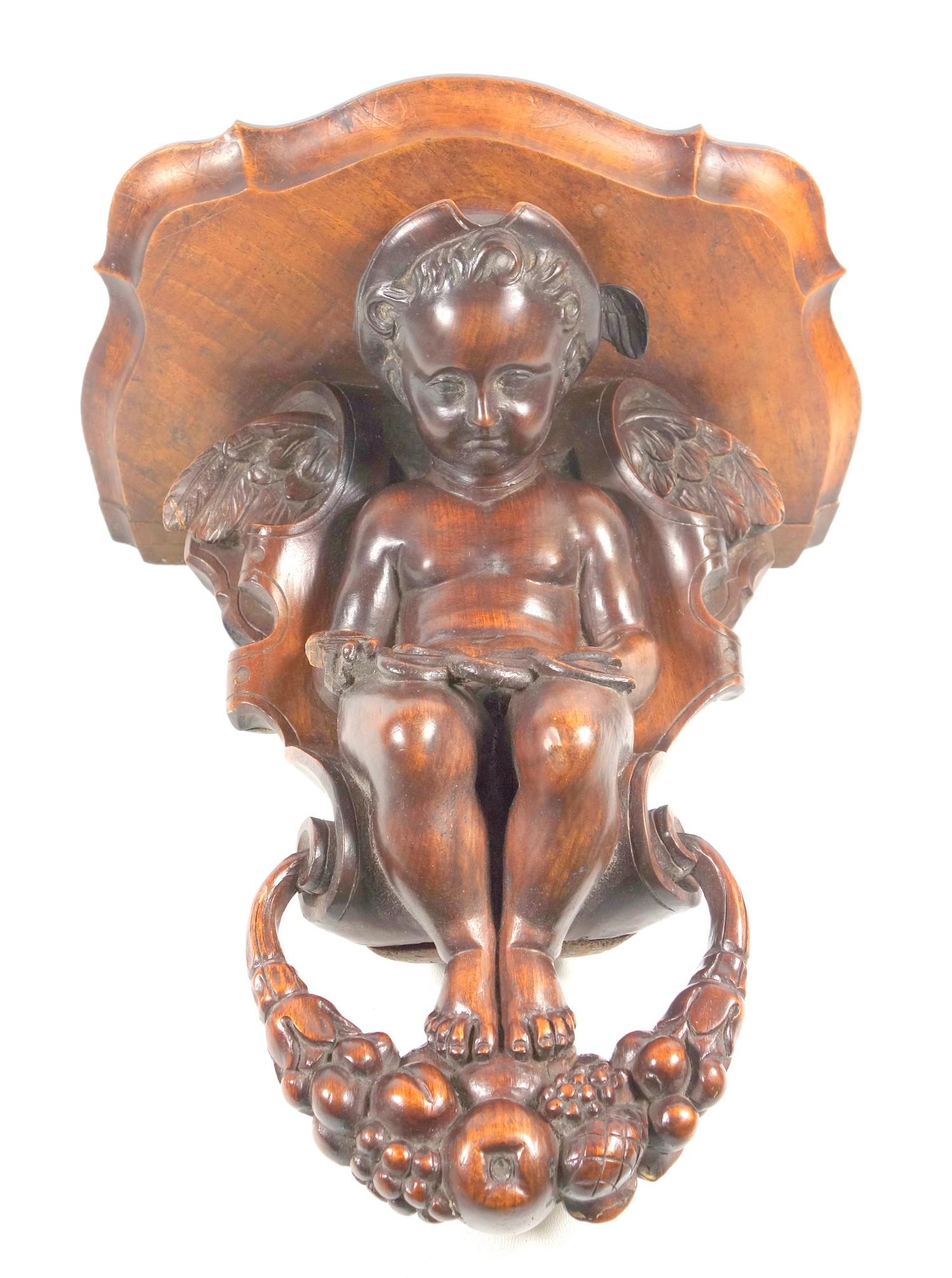 19TH CENTURY ITALIAN CARVED WALNUT WALL BRACKET WITH A FIGURE OF MERCURY SEATED AND HOLDING A - Image 6 of 9