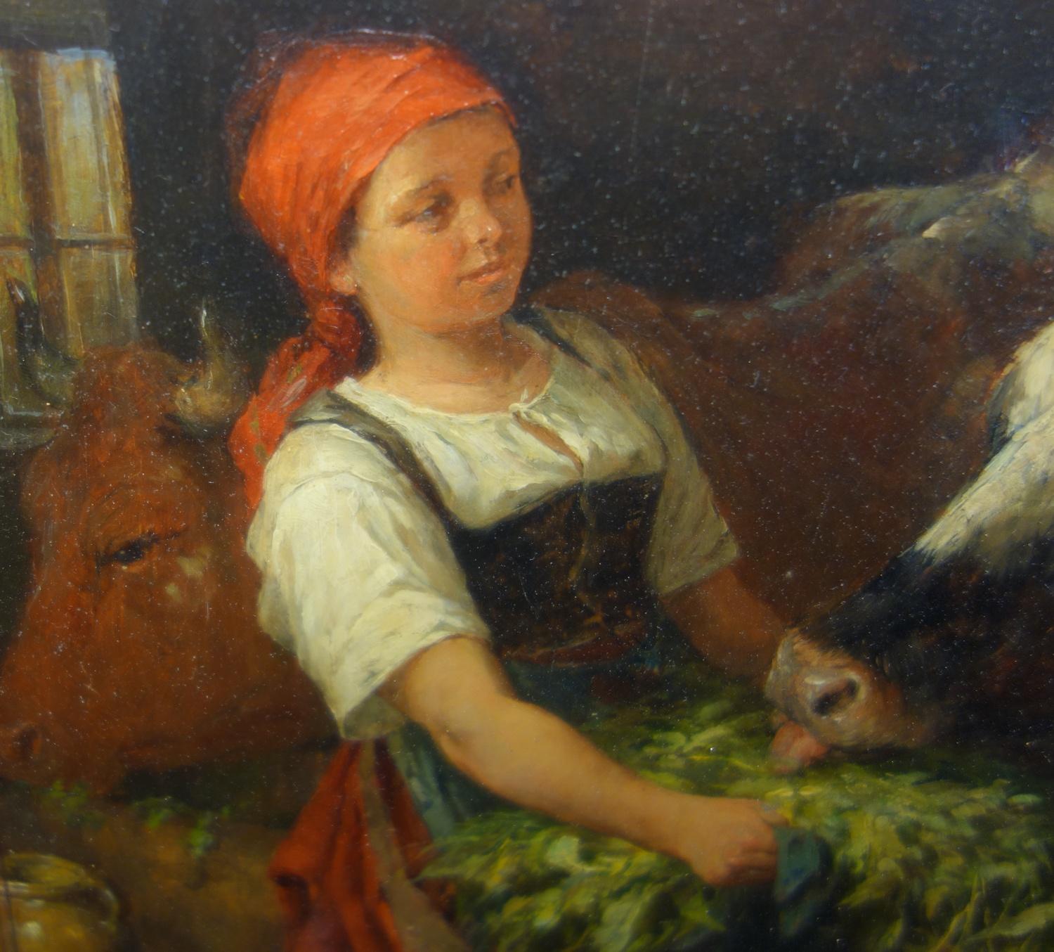 KARL STUHLMÜLLER (1859-1930), INTERIOR - YOUNG WOMAN FEEDING CATTLE, OIL ON BOARD, SIGNED AND - Image 6 of 8