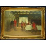 E. LARROQUE, 20TH CENTURY, HUNTSMEN RELAXING AT TABLE NEAR AN OPEN FIRE, OIL ON CANVAS, SIGNED LOWER