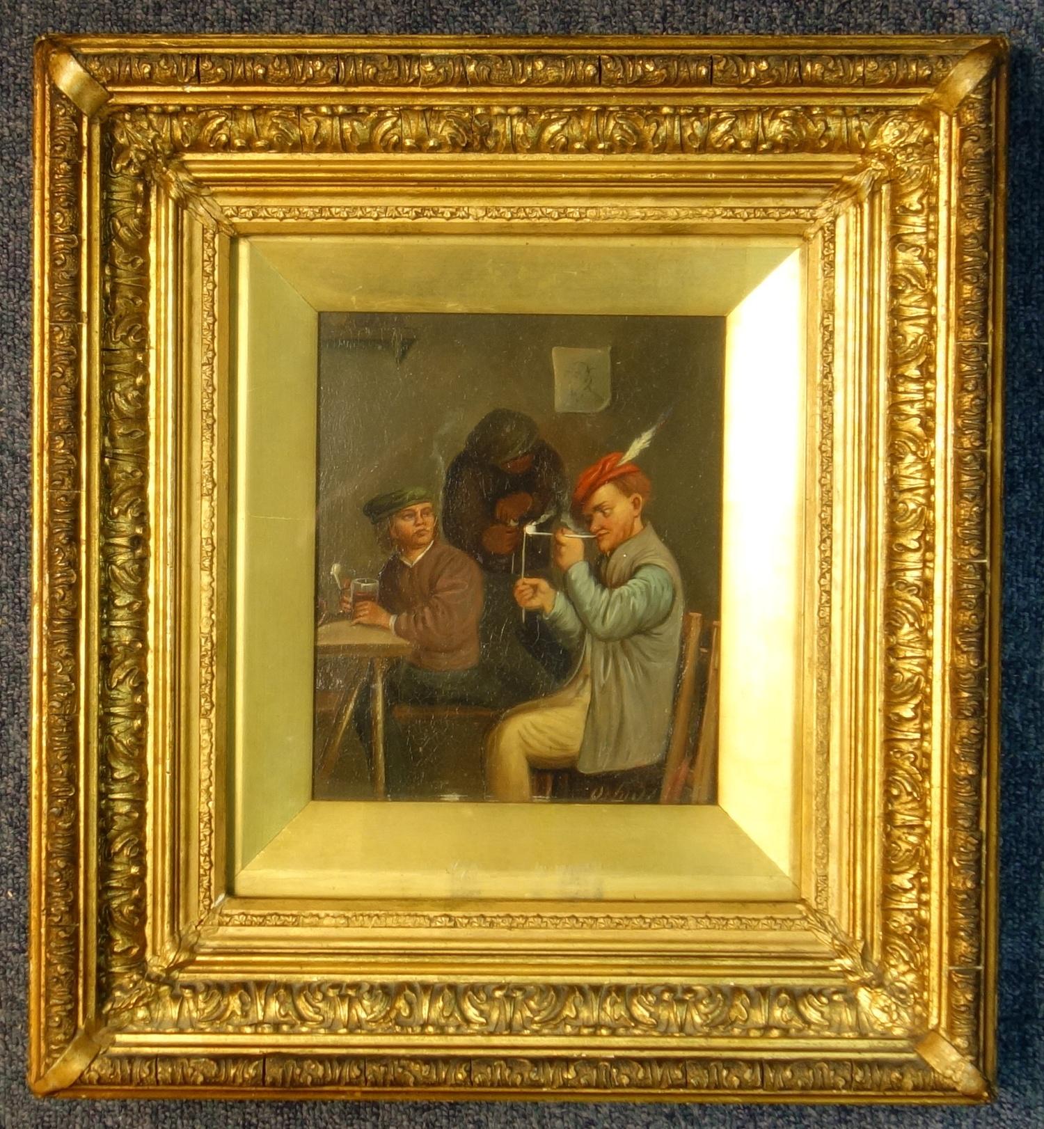 AFTER OSTADE , INTERIOR SCENE, THE PIPE SMOKERS, ON METAL , SIGNED LOWER RIGHT, (28.8 CM X 15.7 CM)