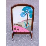 ARTS & CRAFTS MAHOGANY FIRESCREEN WITH A GLAZED TEXTILE COLLAGE PANEL OF TWO RABBITS, HARE AND A