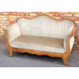 19th CENTURY AND LATER BIEDERMEIER BIRCH SOFA WITH A SERPENTINE CRESTING RAIL BACK AND SCROLL ARMS