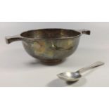 SCOTTISH SILVER PRESENTATION QUAITCH WITH TWO LOBED HANDLES AND SPOON, BY BROOK & SON, EDINBURGH,