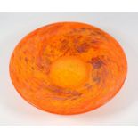 MONART STYLE ORANGE MOTTLED CIRCULAR SHALLOW BOWL WITH COLOURED SWIRLS AND GILT FLECKS, PONTIL