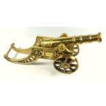 HEAVY BRASS MODEL OF A CANNON (L. 43 CM), EDWARDIAN BRASS SHOVEL, ANNODISED BRASS FIRESCREEN (W.