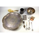 INDIAN SILVER FILIGREE CARD CASE (L.9.4 CM), PERSIAN BOWL (DIA. 15 CM), TWO SPOONS, THIMBLE,