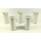 SET OF FIVE RUPERT SPIRO (B. 1960) STONEWARE OFF-WHITE GLAZED CYLINDRICAL BEAKERS, RAISED INITIALS