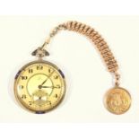 OMEGA 14 CT GOLD OPEN FACED POCKET WATCH WITH A CIRCULAR CHAMPAGNE DIAL, AND BLACK ROMAN NUMERALS,