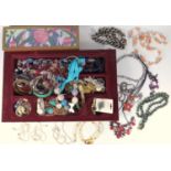 FOUR LADY'S WRISTWATCHES, COSTUME JEWELLERY INCLUDING BEAD NECKLACES, BRACELETS, BROOCHES AND