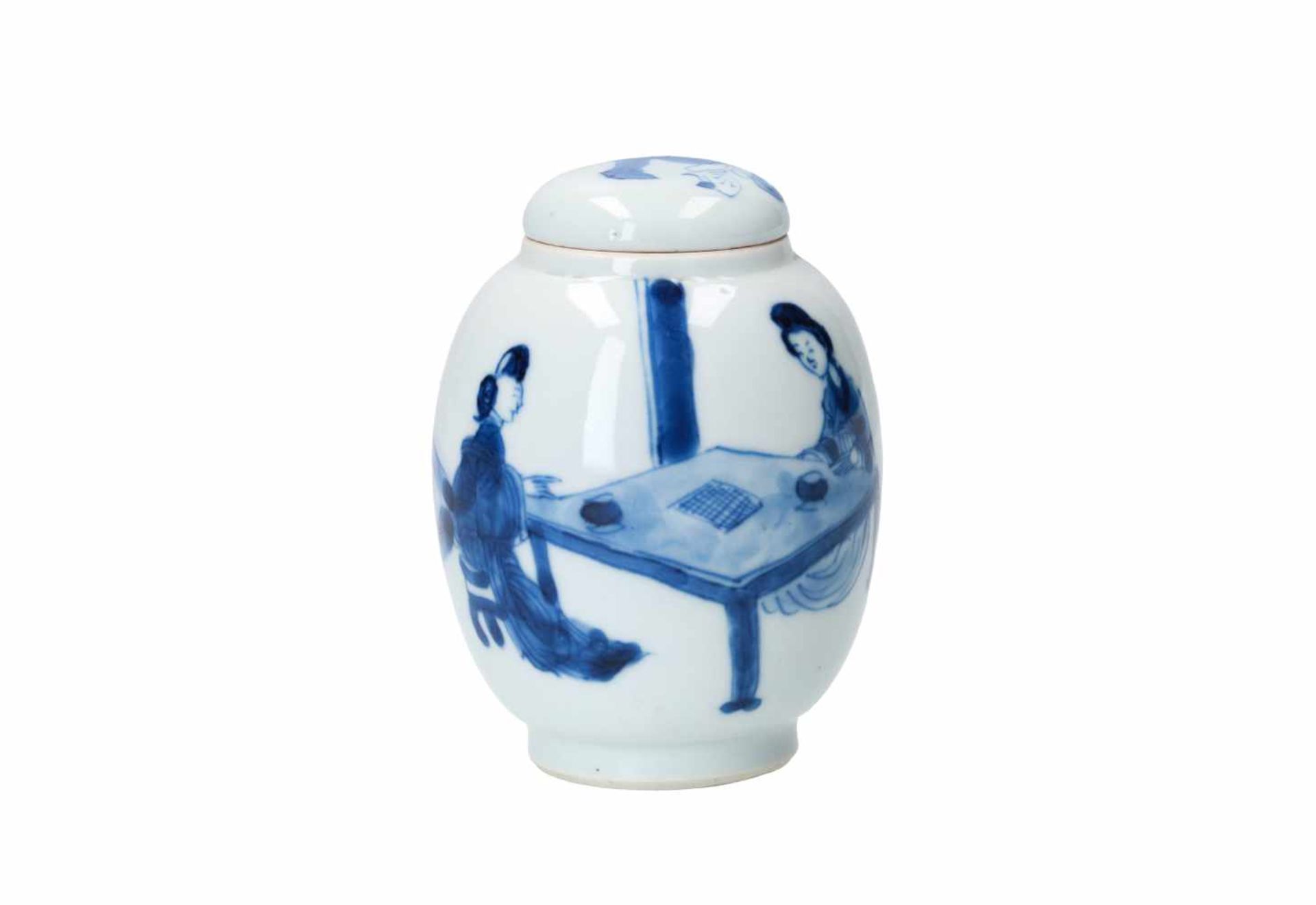 A blue and white porcelain lidded jar, decorated with figures around a table. Unmarked. China,