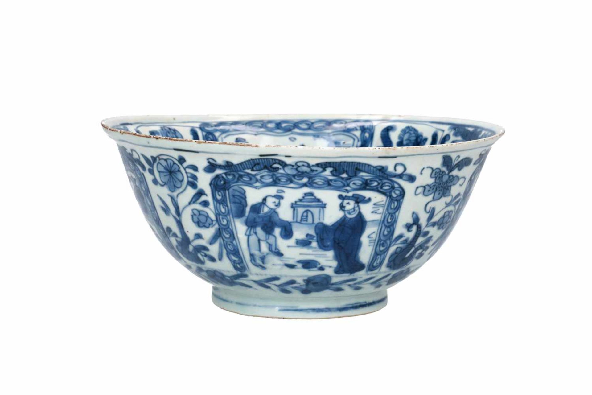 A blue and white porcelain bowl, decorated with figures, tulips and landscapes. Unmarked. China, - Bild 2 aus 6