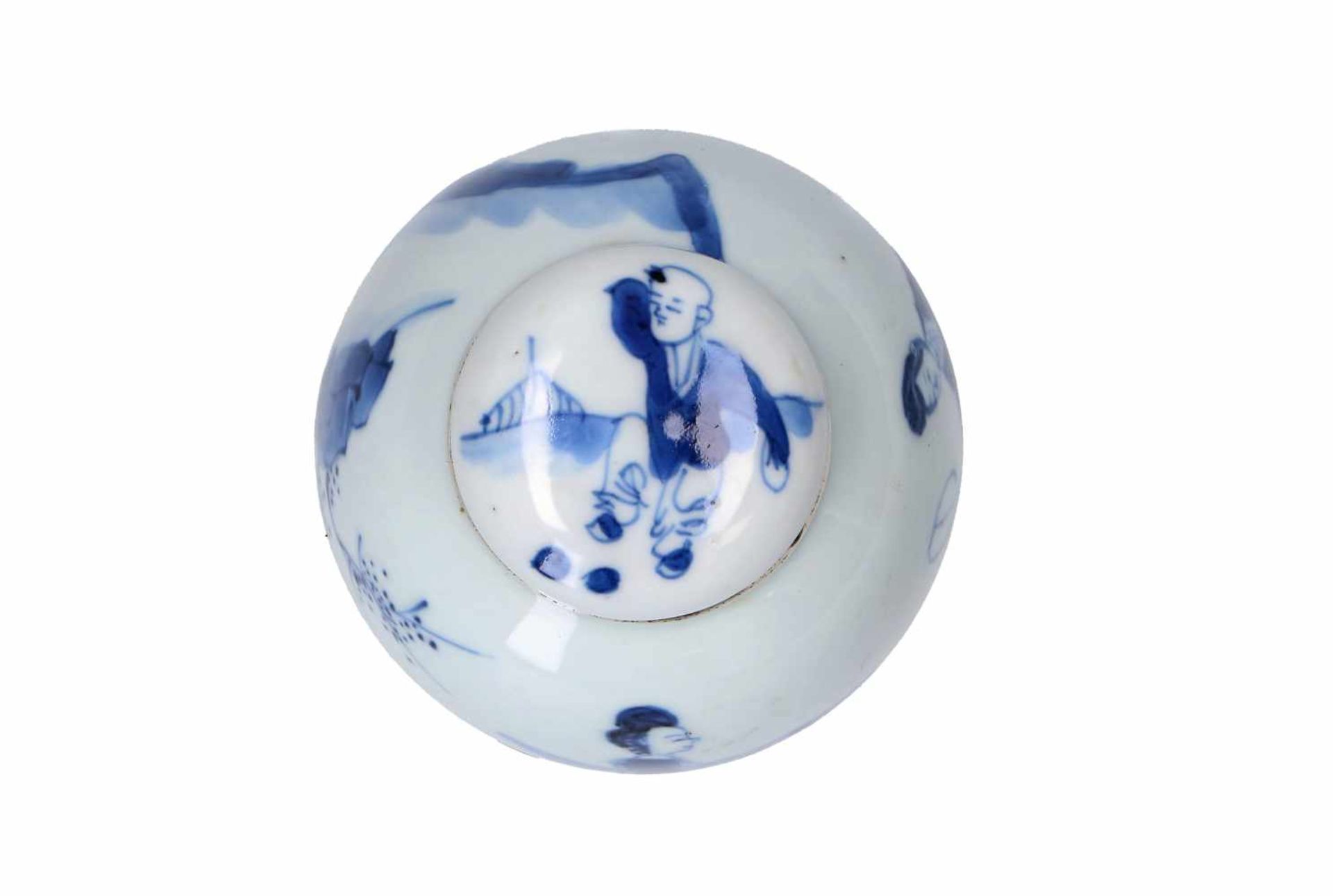 A blue and white porcelain lidded jar with later Dutch silver mounting, decorated with figures in - Image 5 of 11