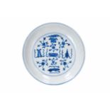 A blue and white porcelain dish, decorated with antiquities. Marked with 6-character mark