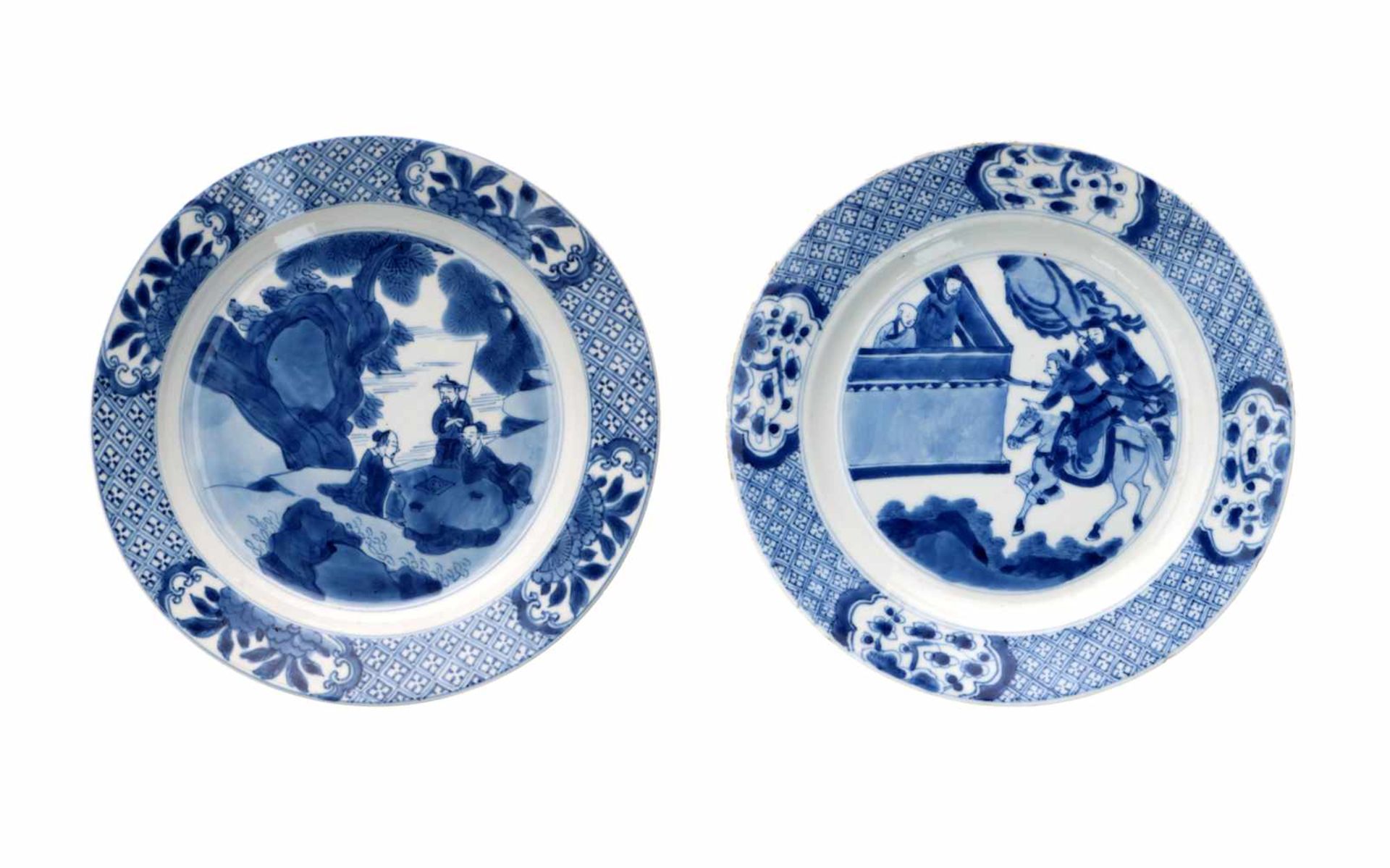 Two blue and white porcelain dishes, 1) decorated with a scene from the Romance of the Western