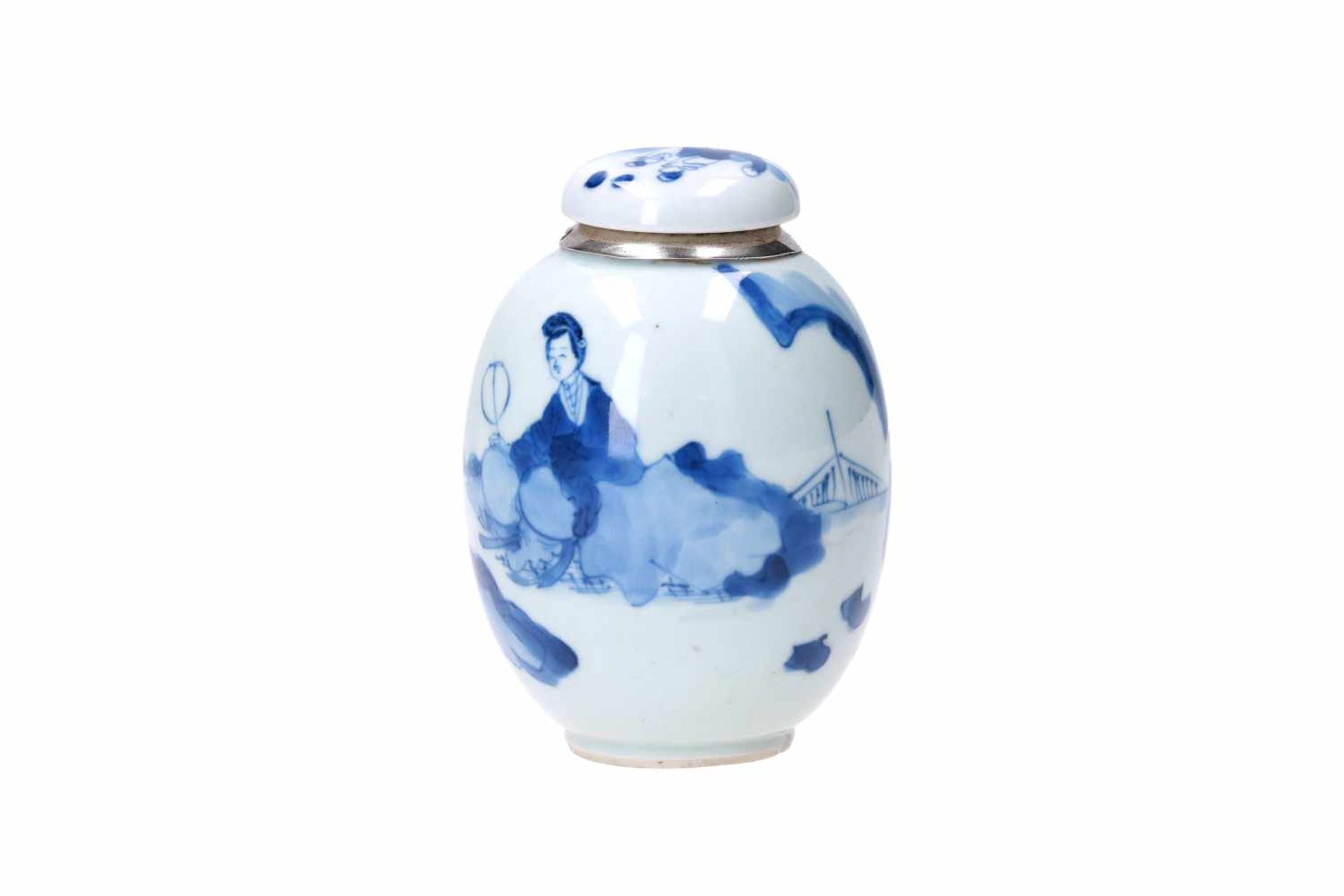 A blue and white porcelain lidded jar with later Dutch silver mounting, decorated with figures in - Image 2 of 11
